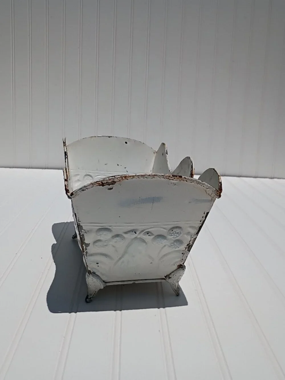 Vintage Metal Planter White Distressed Farmhouse Fruit Embossed Footed Cottage